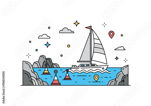 Sailing boat coastal navigation scene where the boat passes by rocky outcrops and buoys while tiny sparkle and star icons highlight safety, guidance, and