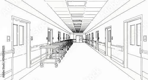 Sketch of a long, empty hospital corridor with doors and rolling carts