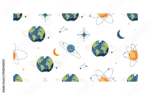 astronomical motifs seamless pattern, repeating pattern, surface design, textile print, modern illustration of rotating Earth, sun, moon, orbit lines, stars