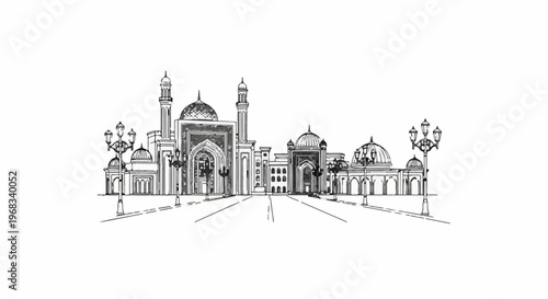 Sketch of a grand architectural complex with domes and minarets, featuring street lamps