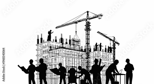 Silhouetted construction workers and cranes on a building site