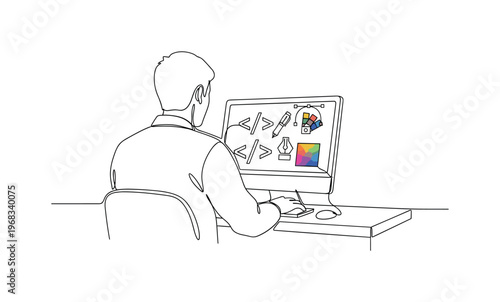 Tech Skills Improvement. Minimalistic one-line drawing person practicing coding and graphic design on computer, continuous single black line on white