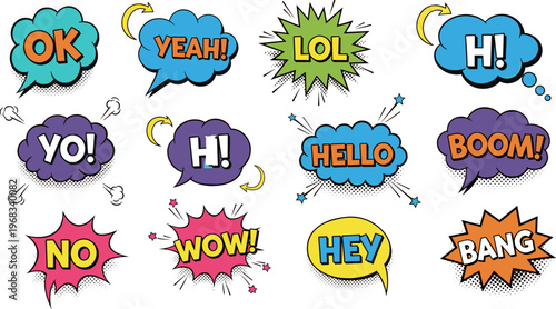 Comic pop art speech bubbles with ok yeah hello wow boom bang text effects isolated on white background, colorful vector illustration set