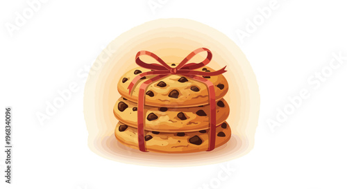 Stack of chocolate chip cookies tied with red ribbon on white background with soft lighting.