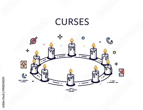 Curses mystical candle circle concept where candles form a glowing ring on the floor while tiny sparkle and line icons highlight magic, ritual energy, and