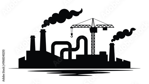 Industrial factory and construction crane silhouette with smoke stacks representing manufacturing production industry development and urban landscape concept