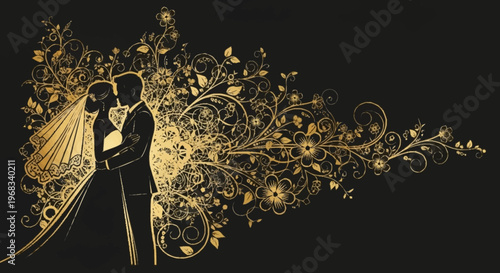 A romantic couple in elegant attire dancing amid alevidhanu floral patterns