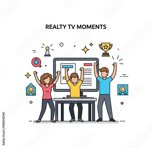 Reality TV moments challenge completion concept where participants celebrate finishing a task while tiny sparkle and trophy icons highlight achievement,
