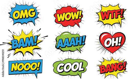 Comic pop art speech bubbles with omg wow bam bang cool text effects isolated on white background, colorful vector illustration set