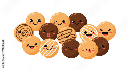 Collection of decorated cookies with various expressions on a clean white background.