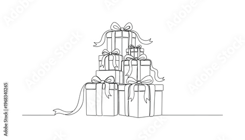 Surprise Presents. Minimalistic one-line drawing gift boxes with ribbons and bows stacked together, continuous single black line on white background, simple