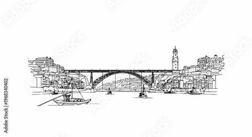 Sketch of a bridge over a river with boats and a city skyline