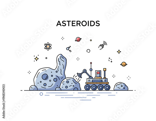 Asteroids asteroid surface scanning concept where scientific instruments map rocky terrain while tiny sparkle and line icons highlight exploration,