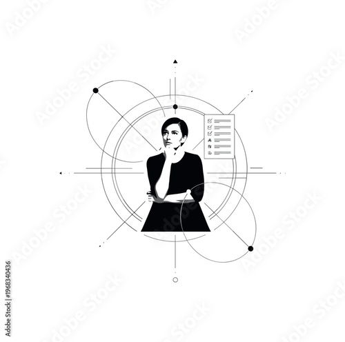 coping strategies geometric rings intersecting lines and minimal checklist icons realistic black and white person organizing thoughts and planning mental