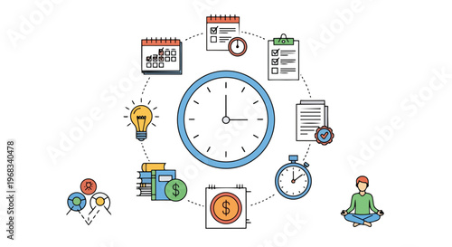 Strategic planning and time management illustrated with icons for productivity, finance, and mindfulness representing a balanced workflow