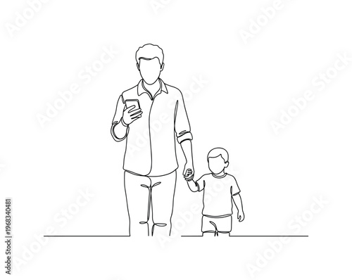 Work-Life Balance. Minimalistic one-line drawing individual holding a phone in one hand and child?s hand in the other, continuous single black line on white