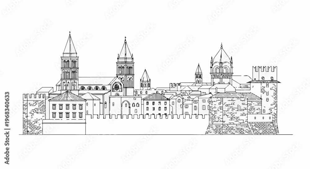 Fototapeta premium Ornate medieval cityscape with towers and fortified walls under a clear sky