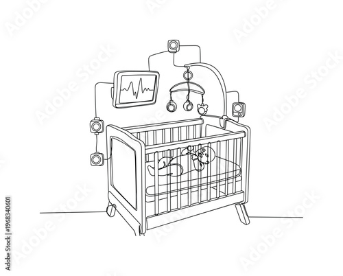 Tech-Enhanced Childcare. Minimalistic one-line drawing smart crib, monitor, and sensors surrounding baby, continuous single black line on white background,