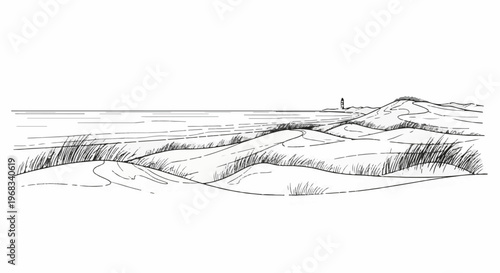 Sketch of rolling sand dunes with grass and a distant lighthouse by the sea