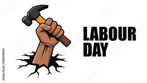 Labour day illustration with raised hand holding hammer breaking ground symbolizing workers strength power unity and industrial workforce celebration concept
