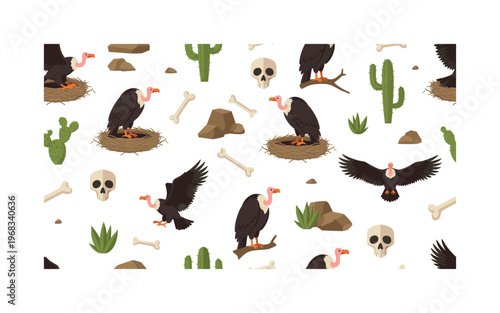 predator icons seamless pattern, repeating pattern, surface design, textile print, modern illustration of vultures flying, perched, nests, skulls, bones and
