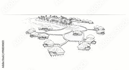 Sketch of tropical overwater bungalows connected by walkways to a lush island