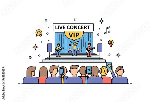 Live concert VIP stage concept where special guests view performers up close while small sparkle and line icons emphasize exclusivity, excitement,