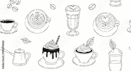 Sketchy pattern of coffee cups, beans, and leaves on a white background