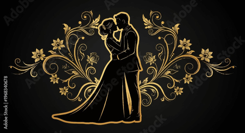 Elegant golden silhouette illustration of a romantic wedding couple embracing, adorned with intricate floral scrollwork on a black background. Ideal for luxury invitations and celebratory designs