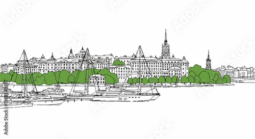 Sketchy waterfront cityscape with boats and leafy trees