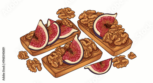 Slices of fresh figs and walnuts arranged on toast and around