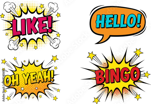Comic pop art speech bubbles with like hello oh yeah bingo text effects isolated on white background, colorful vector illustration set