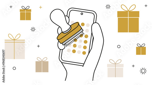 Smartphone held in hand, a membership app, a stamp card, and a gift, hand drawn vector illustration with variable stroke widths in black and white