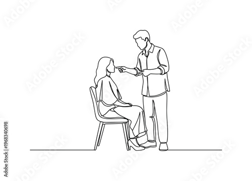 Stylist-Client Interaction. Minimalistic one-line drawing hair stylist giving recommendations to seated client, continuous single black line on white