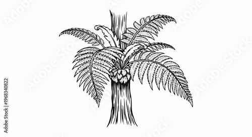 Stylized black and white illustration of a tree fern with detailed fronds