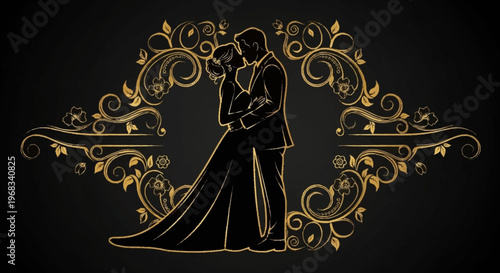 Elegant silhouette of a bride and groom embracing, framed by luxurious golden ornate floral patterns on a dark background, ideal for wedding event decor