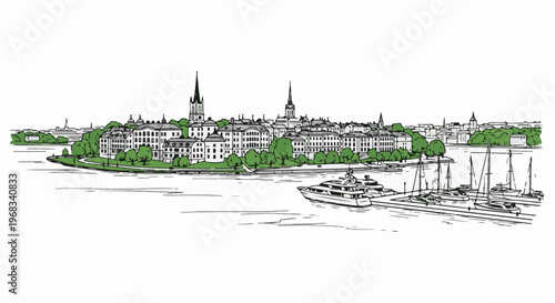 A scenic waterside view of historic buildings, green trees, and docked boats