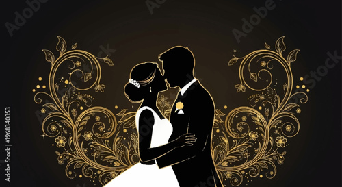 Elegant Wedding Illustration Featuring a Couple in Silhouette with Ornate Floral Embellishments