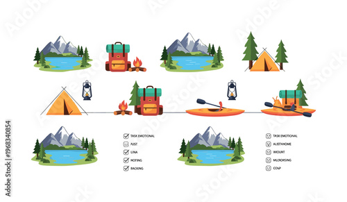 lakeside retreat seamless pattern, repeating pattern, surface design, textile print, modern illustration of mountain lakes, tents, pine trees, backpacks,