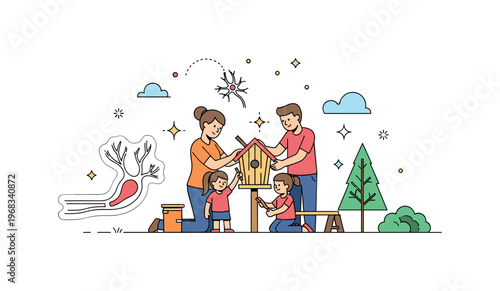Family in the backyard DIY project scene where a family builds a small birdhouse while small sparkle and star icons emphasize creativity, learning, and