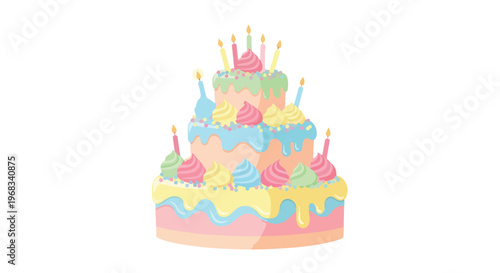 A colorful, multi-tiered birthday cake with pink, blue, yellow, and green frosting, adorned with lit candles and a crown on top, against a plain white background.