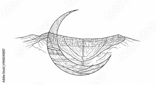 Stylized cross-section of a vast crater with layered rock and mountain outlines