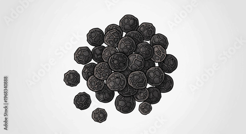 A pile of dark, textured, spherical peppercorns on a plain white background