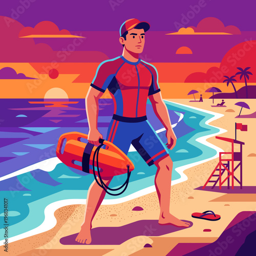 A strong male lifeguard stands barefoot on the sandy beach at sunset, holding a rescue buoy with a distant lifeguard tower and gentle ocean waves in the background.