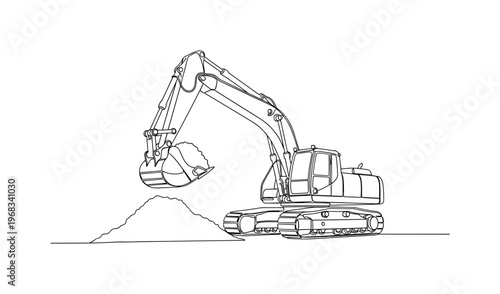 Excavator in Action. Minimalistic one-line drawing construction machinery scooping earth at site, continuous single black line on white background, simple