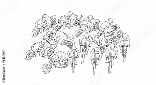 Stylized line drawing of motorcycle racers in a tight group
