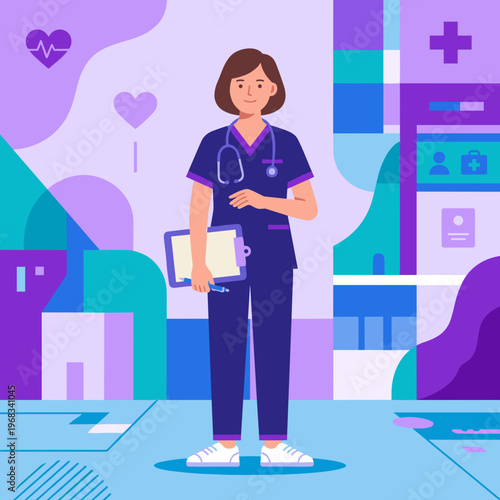 A compassionate female nurse wearing blue scrubs and a stethoscope stands confidently with a clipboard, ready to assist patients in a modern, caring hospital environment.