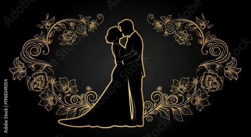 Elegant Silhouette of a Couple Embracing on Their Wedding Day, Surrounded by Ornate Gold Floral Border on a Dark Background