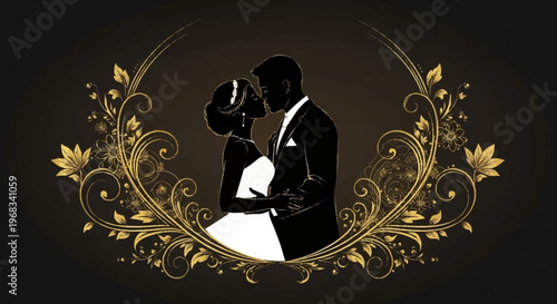 Elegant silhouette of a loving couple, framed by luxurious golden floral accents, symbolizing romance and eternal commitment on a special day