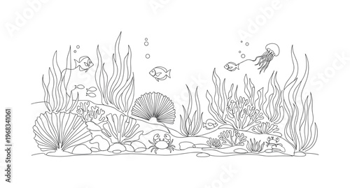 Underwater World. Minimalistic one-line drawing marine plants, corals, and small sea creatures on seabed, continuous single black line on white background,